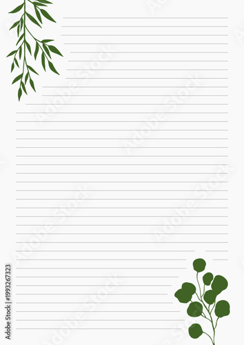 Decorative lined paper background with leafy elements 