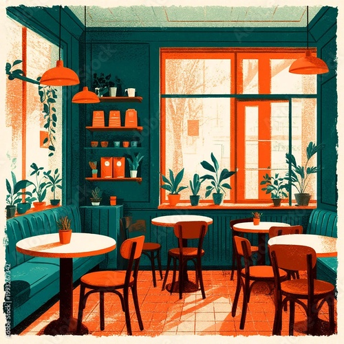 Vintage style cafe interior illustration with teal booths, checkered floor and large windows, cozy restaurant atmosphere, retro aesthetic digital art