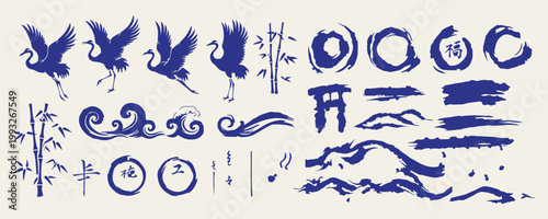 Japanese culture and torii gate, traditional oriental wave and mountain, zen ink brush style illustration, bamboo and crane bird doodles, hand drawn japan heritage elements, asian spiritual and nature