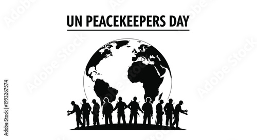 Black and white vector illustration showing silhouettes of united nations peacekeepers standing before a global globe