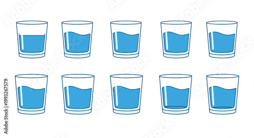 Ten glasses with blue liquid.