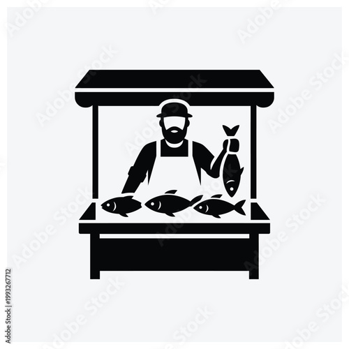Simple silhouette illustration of a fish vendor selling fresh fish.