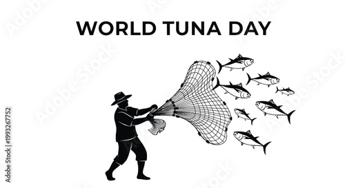 World Tuna Day vector graphic design of a fisherman casting a large net for tuna.