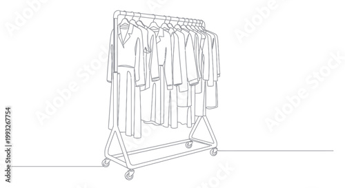 Clothing Rack with Various Garments Hanging.
