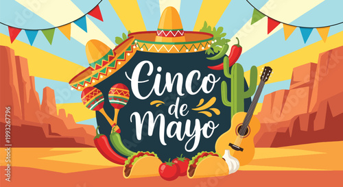 Flat style vector illustration of Cinco de Mayo desert scene with tacos, chili peppers, cactus and guitar, festive composition with sunburst background