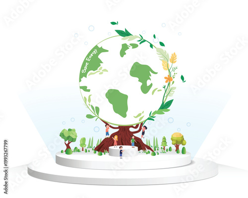Vector podium empty display with Children are helping to take care of the world, planting trees and support the planet, cleaner and more environmentally