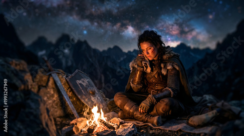 A weary female fantasy warrior in medieval armor sits by a glowing campfire at night under a starry mountain sky.