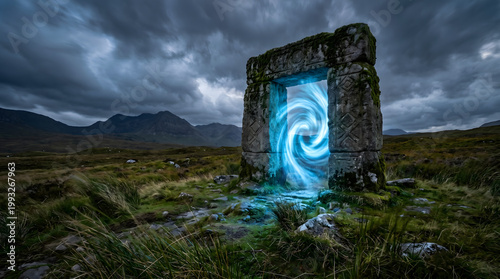 A mysterious ancient stone portal glowing with a vibrant blue magical energy vortex in a rugged mountain landscape under a dramatic sky.