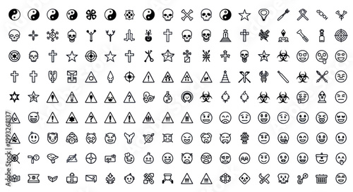 Various symbols and icons on white.