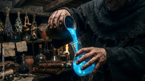 Medieval alchemist in a dark workshop pouring a glowing blue magical potion from a clay jug into a glass flask