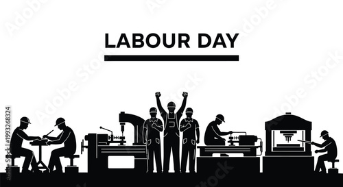 Labour Day vector illustration showing workers operating machinery and celebrating solidarity, a graphic design