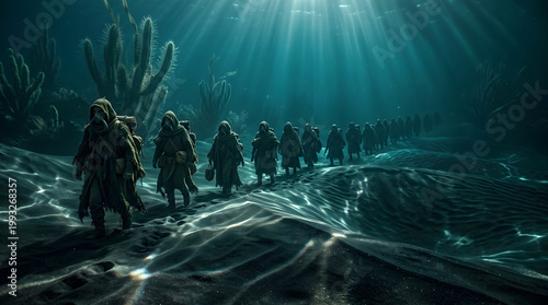 Cinematic fantasy illustration of a mysterious procession of hooded figures walking across the sandy ocean floor under ethereal sunbeams filtering through water.