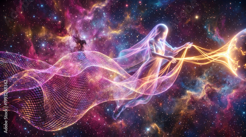 Ethereal celestial goddess floating in a vibrant deep space nebula, weaving golden energy strands and light grids near a glowing planet.