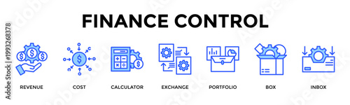 Finance Control  Banner Web  Icon Set Collection Pack Vector Illustration Concept Containing Revenue, Cost, Calculator, Exchange, Portfolio, Box, Inbox