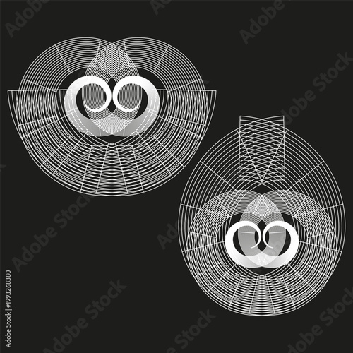 White line ornament. Black background Vector. Symmetrical swirl set. Abstract linear shape. Manual vector only. No autotrace used.