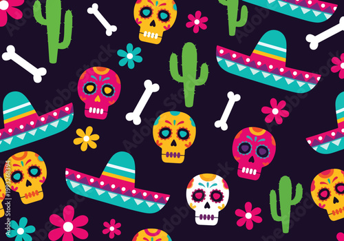 Flat style vector illustration of seamless Cinco de Mayo pattern with skulls, sombreros, cactus and flowers on dark background, vibrant festive design