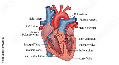 Anatomical illustration of the human heart with labels.