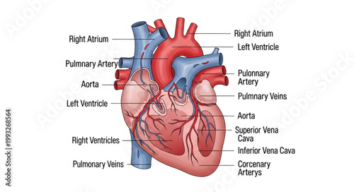 Anatomical illustration of the human heart with labels.