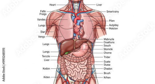 Anatomical illustration of the human torso with internal organs labeled.