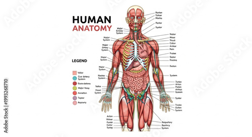 Detailed Human Anatomy Diagram Showing Muscles and Organs.