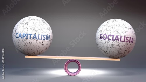 Capitalism and socialism in balance - balancing stones on a scale symbolizing harmony, equity and equilibrium between capitalism and socialism. Harmonious and beneficial situation.