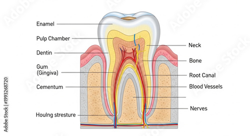 Detailed cross section diagram of a human tooth anatomy with labels.