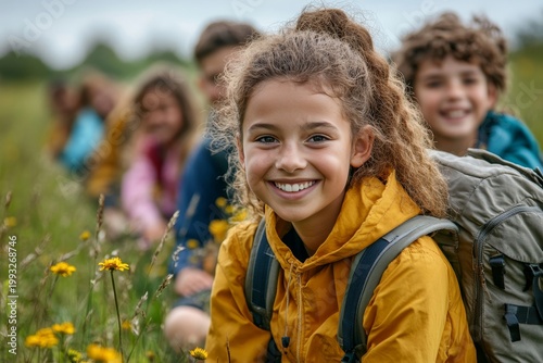 Smiling Girl Leads Hiking Group Through Wildflower Meadow