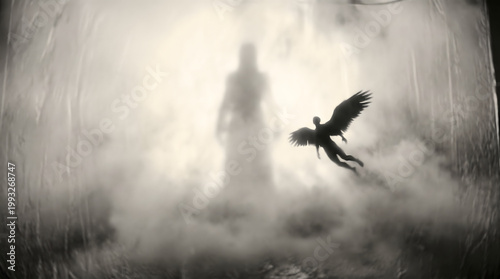 Ethereal silhouette of a winged angel flying through misty clouds towards a giant divine figure in a bright celestial spiritual light.