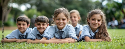 Smiling Elementary School Children Relaxing in Grass