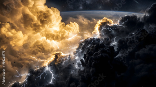 Cinematic view of a powerful thunderstorm from space with dramatic lightning bolts striking through golden and dark cumulonimbus clouds over Earth.