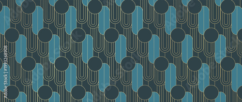 Teal geometric arch seamless pattern vector. Luxury abstract art deco background with rounded line ornament and vertical repeating design. Suitable for wallpaper, fabric, wrapping, packaging and digit