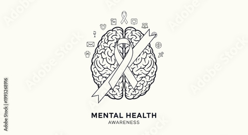 Mental Health Awareness, Brain Ribbon, Psychology Symbol, Mental Wellness Vector Icon