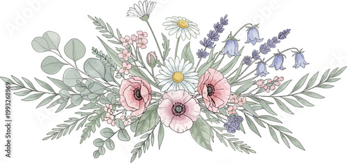 Floral arrangement with poppies daisies lavender and eucalyptus.