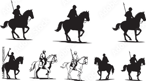 Horse rider silhouettes set with different equestrian poses, galloping and walking horse figures dynamic motion vector illustration collection isolated on white background