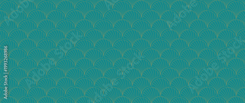 Teal and gold scallop seamless pattern vector. Luxury abstract art deco background with fan shell line ornament. Suitable for wallpaper, fabric, wrapping, packaging and digital paper.