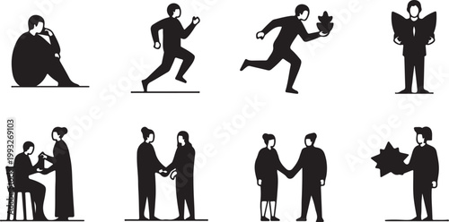 People silhouette set with daily activities, running, meeting, working and gifting scenes modern human figures vector illustration collection isolated on white background