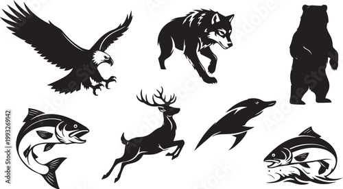 Wildlife animal silhouettes set featuring eagle, wolf, bear, deer, dolphin and fish dynamic vector illustration collection isolated on white background