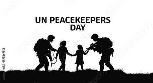UN Peacekeepers Day vector illustration depicting soldiers protecting children, symbolizing peace and safety.
