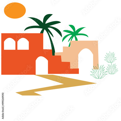 Minimalist boho desert oasis architecture scene