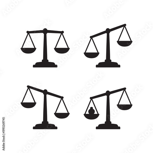 Justice scale icon set balanced unbalanced minimal badge legal symbol design vector. 