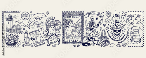 Italian travel stamp set, Rome landmarks vintage art, Mediterranean vacation icons, retro Italy tourism graphics, vintage coastal travel vectors, European holiday souvenir art, classic Italian archite