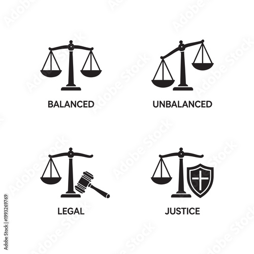 Justice scale icon set balanced unbalanced minimal badge legal symbol design vector. 