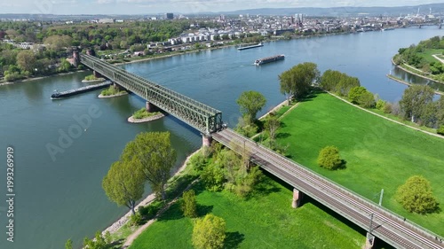 Railway bridge over River Rhine - aerial view