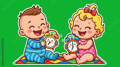 Cheerful Baby Twins Holding Alarm Clocks Smiling Happily Together.
