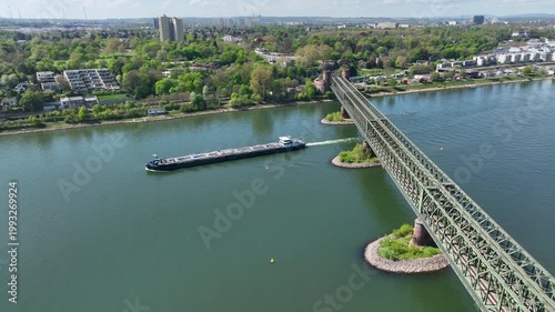 Industrial ship on River Rhine - aerial view