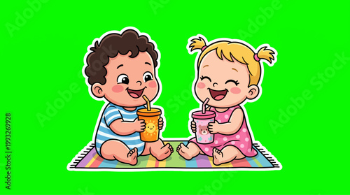 Cheerful cartoon babies enjoying drinks together on a colorful mat.