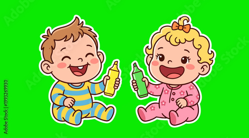 Cheerful cartoon babies holding bottles and smiling widely with joy.