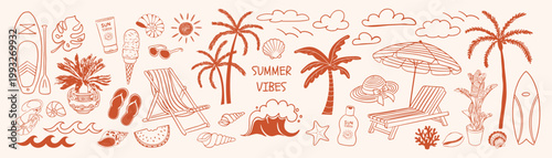Summer doodle set with beach elements. Hand drawn Mediterranean collection with palm trees, shells, sun, waves, ice cream and accessories. Vector for print textile packaging branding