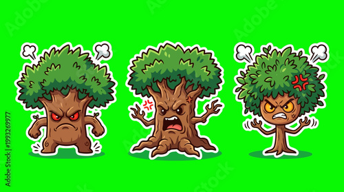 Cartoon Trees with Angry Expressions on Green Background.