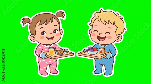 Cheerful cartoon children holding breakfast trays, smiling happily, ready to eat.
